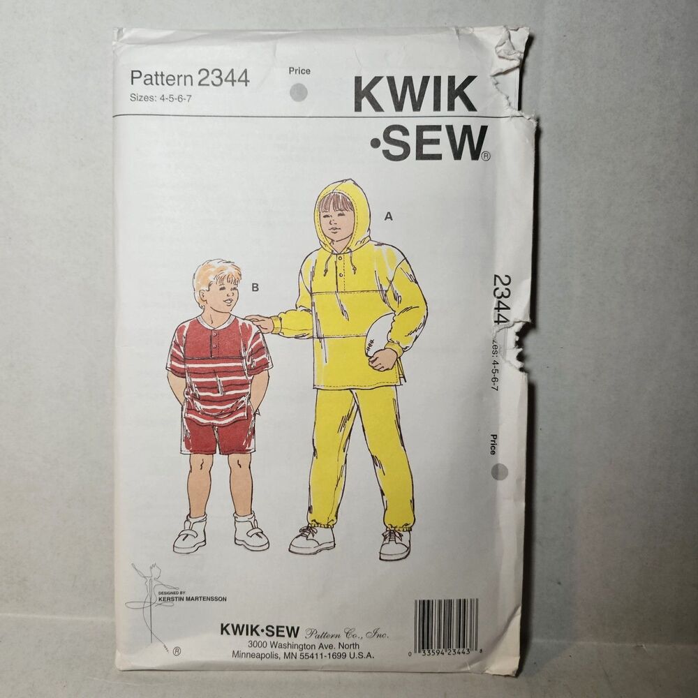 Kwik Sew 2344 Pattern, Boys Sweatshirt, Polo, Shorts and Pants Boys 4-7 UNCUT